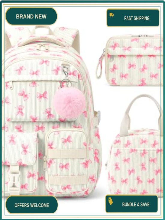 Corduroy Backpack Set with Lunch Bag & Pencil Case, 3-Piece School Essentials,